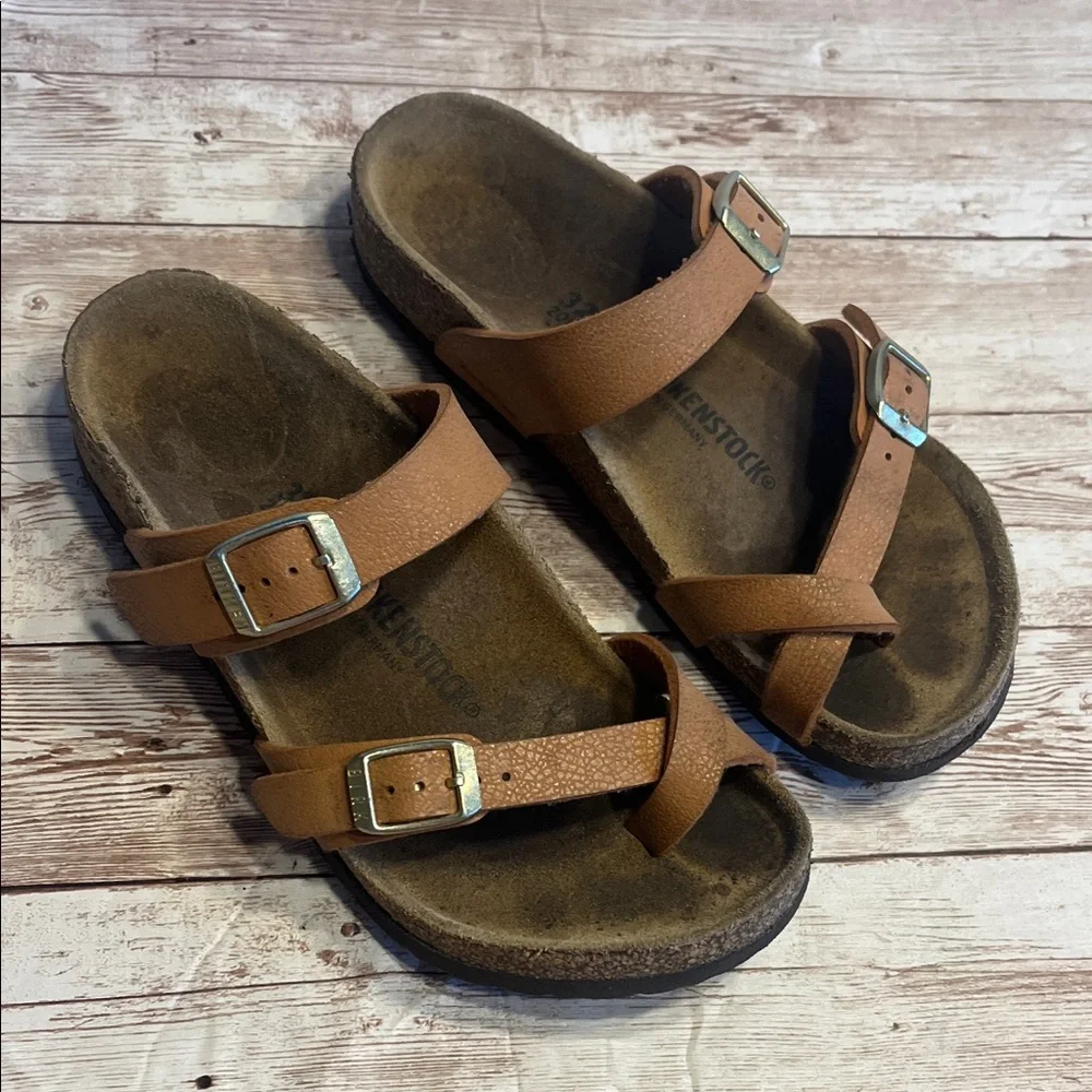 Birkenstock Brown Leather Sandals with Gold Buckles